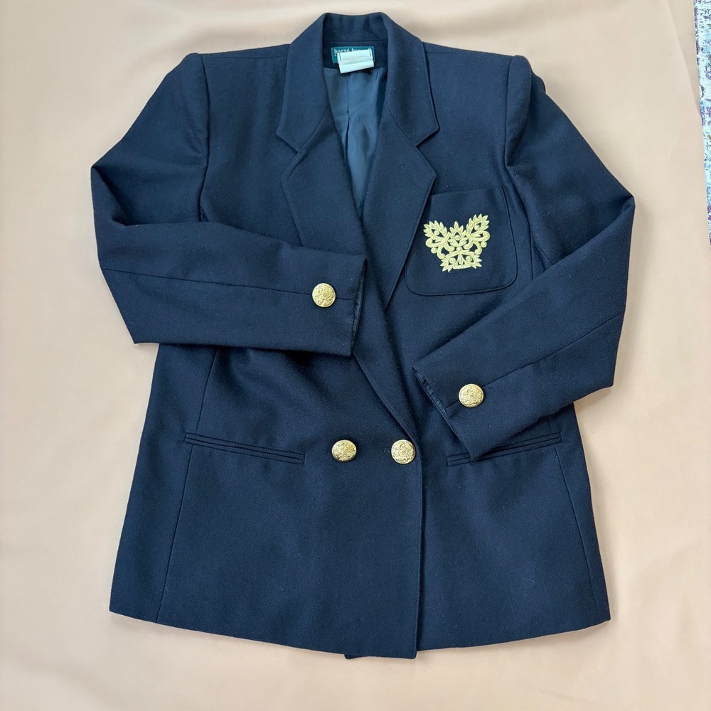 Harve Benard Navy Wool Double Breasted Crest Blazer 8P Dark Academia Preppy